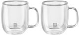 Zwei transparente Espressotassen aus doppelwandigem Glas mit Griff, frontal abgebildet.