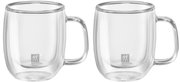 Zwei transparente Espressotassen aus doppelwandigem Glas mit Griff, frontal abgebildet.