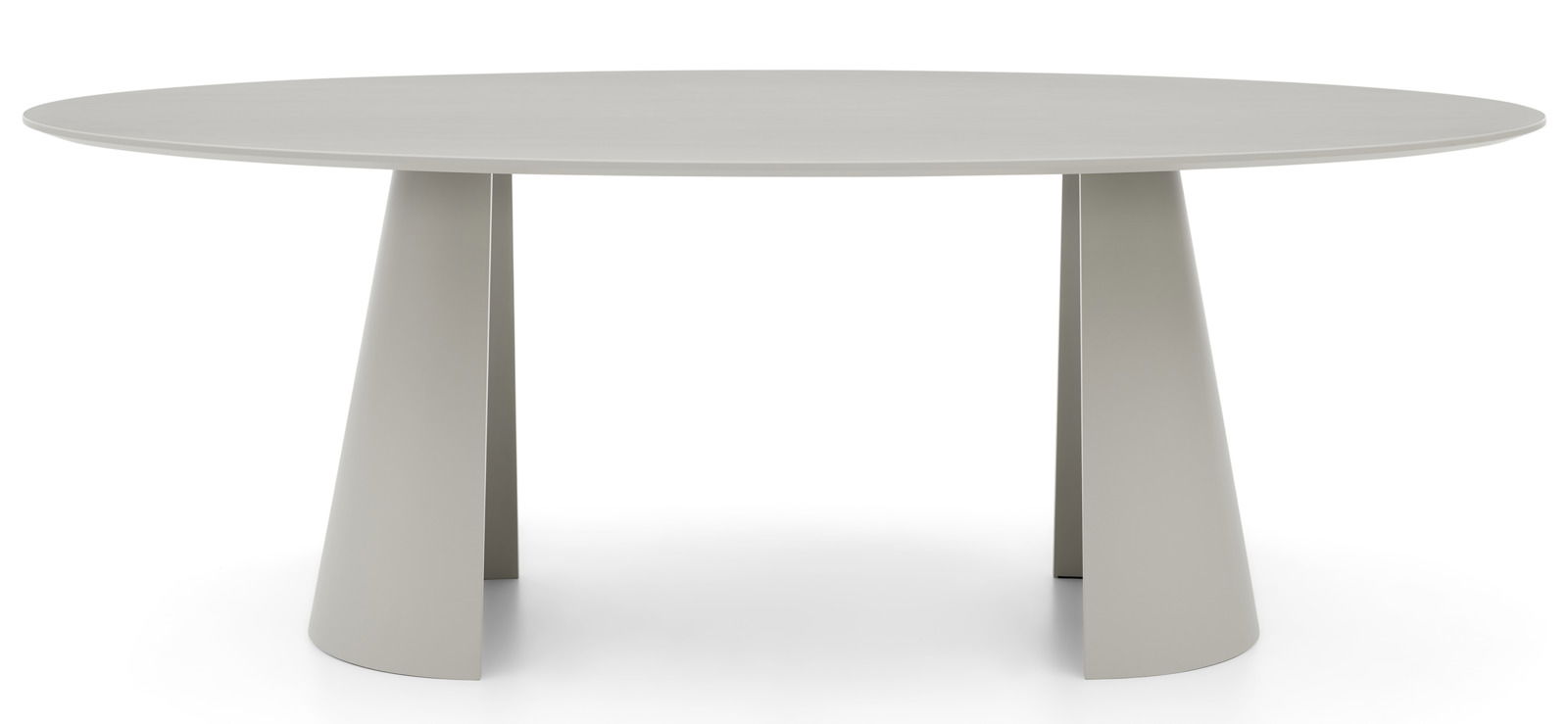 Runder Esstisch in hellem Grau mit konischen Beinen, Frontalansicht