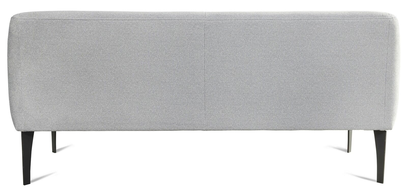 Rückansicht einer grauen Bank mit schwarzen Beinen, 237 cm breit.