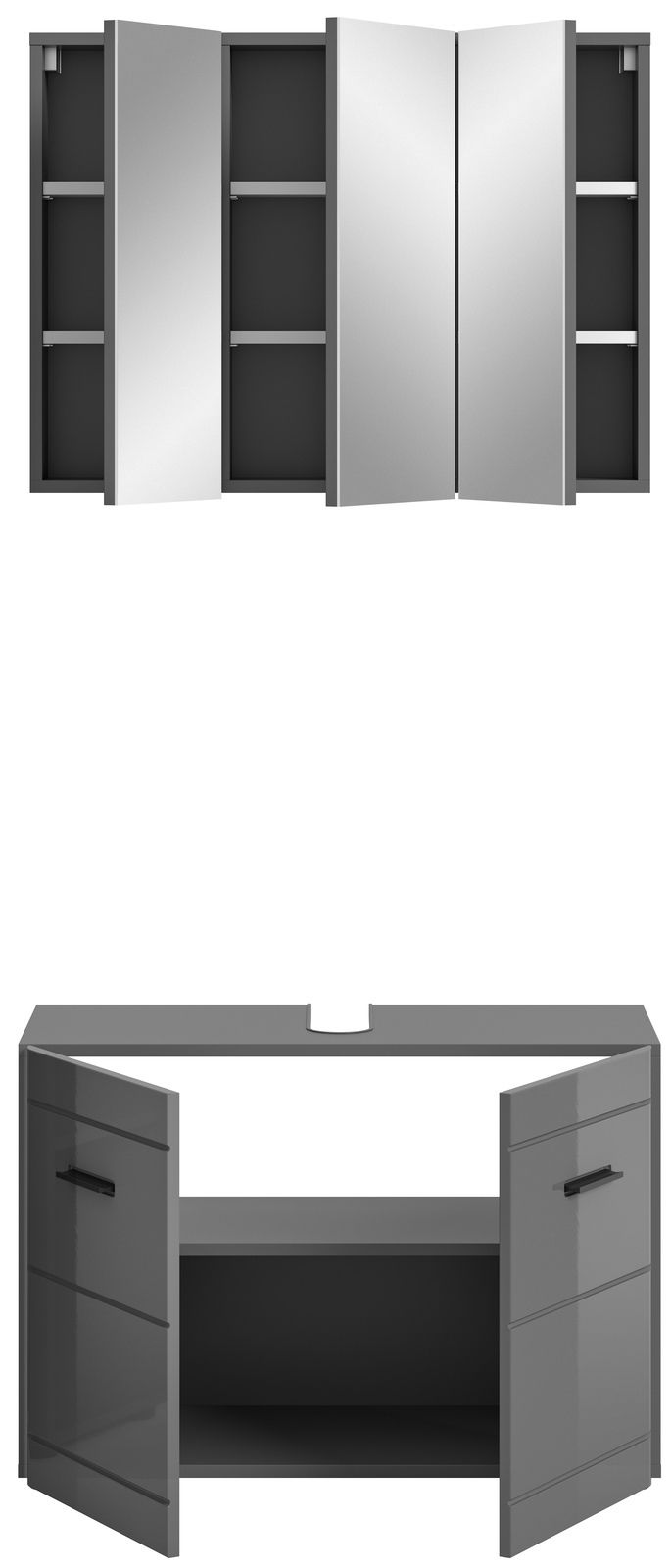 Moderne Badkombination mit Spiegelschrank und Unterschrank in grauer Hochglanzoptik, Frontalansicht