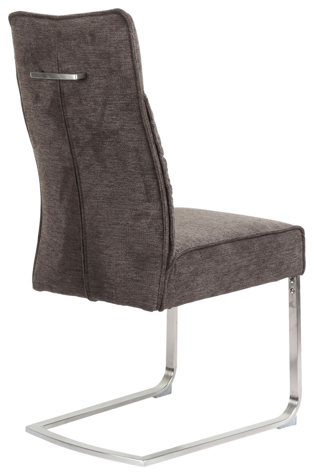 Rückansicht eines modernen Freischwingers mit grauem Stoffbezug und verchromtem Gestell.