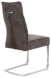 Rückansicht eines modernen Freischwingers mit grauem Stoffbezug und verchromtem Gestell.