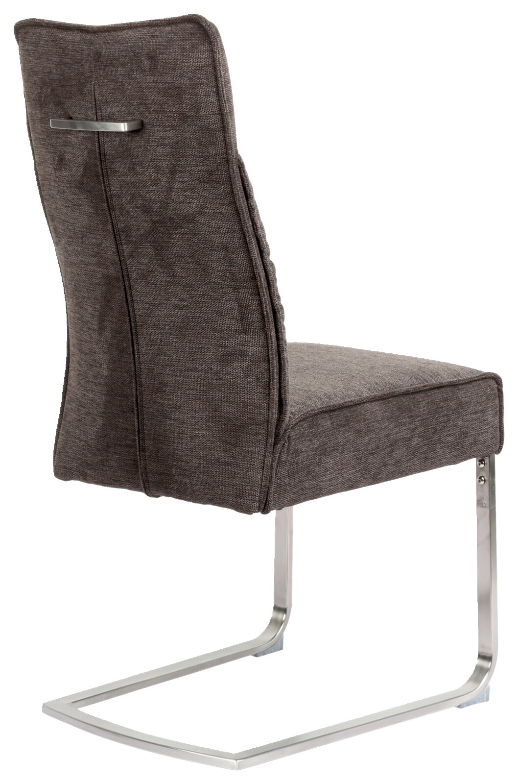 Achterkant van een moderne sledestoel met grijze stoffen bekleding en een verchroomd frame.