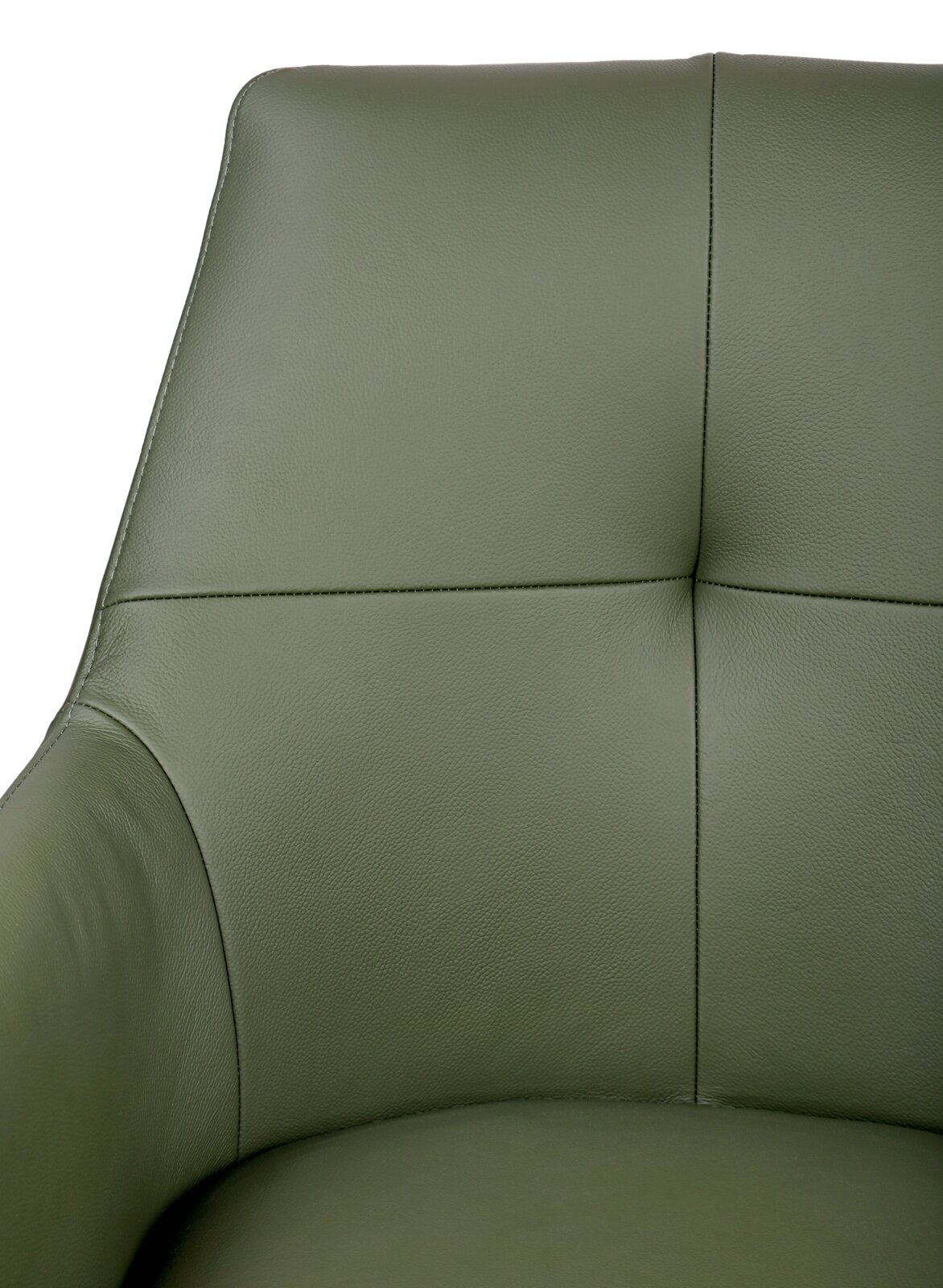 Novel Fauteuil MEDUSA Close-up van een groene leren fauteuil, vooraanzicht