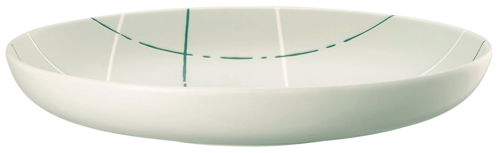 Tiefer Teller mit grünem Linienmuster, seitliche Perspektive