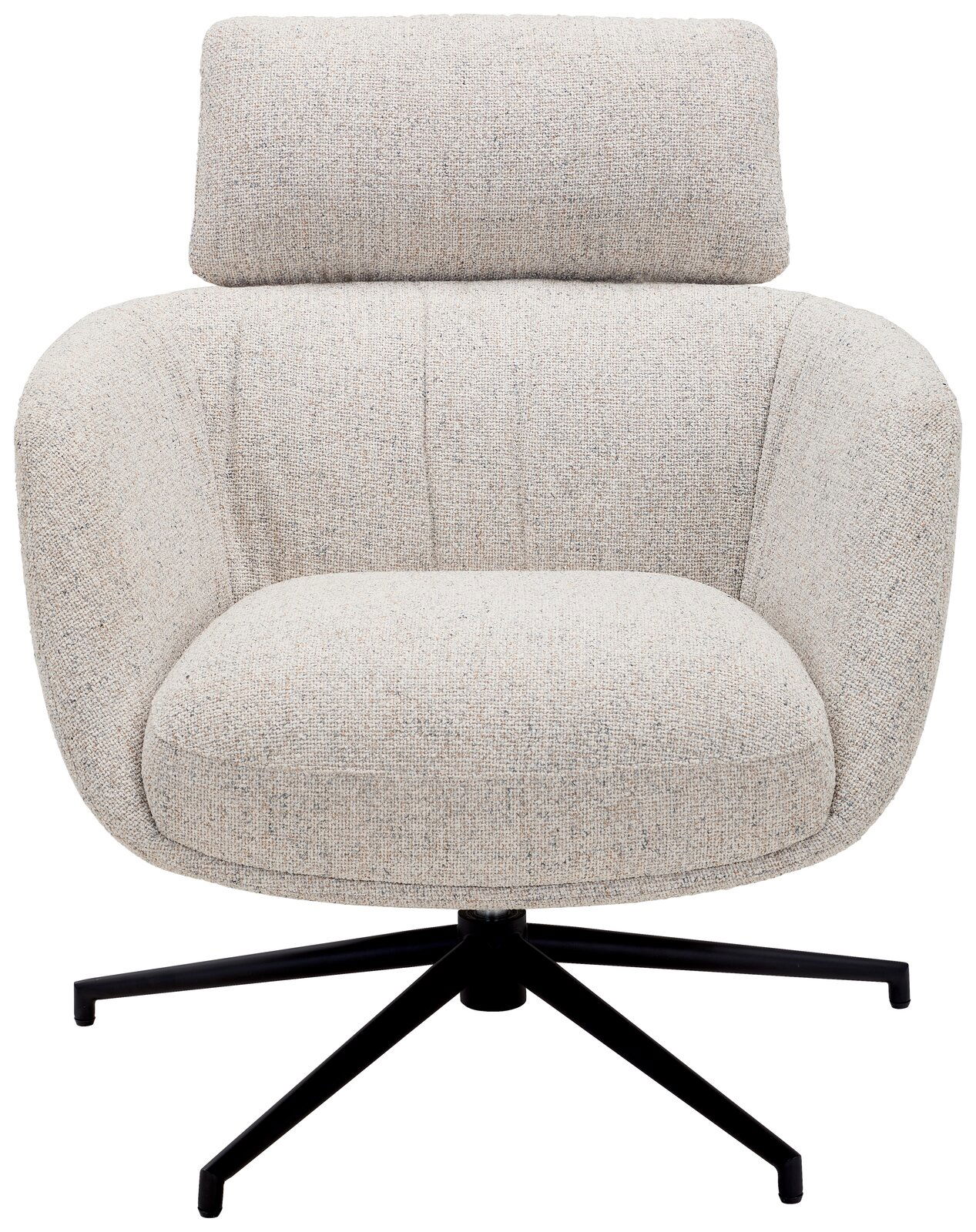 Beiger, gepolsterter Dreh-Sessel mit Stoffbezug, abgerundeten Armlehnen, Kopfstütze und schwarzem Sternfuß, frontal aus der Vorderansicht freigestellt.
