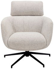 Beiger, gepolsterter Dreh-Sessel mit Stoffbezug, abgerundeten Armlehnen, Kopfstütze und schwarzem Sternfuß, frontal aus der Vorderansicht freigestellt.