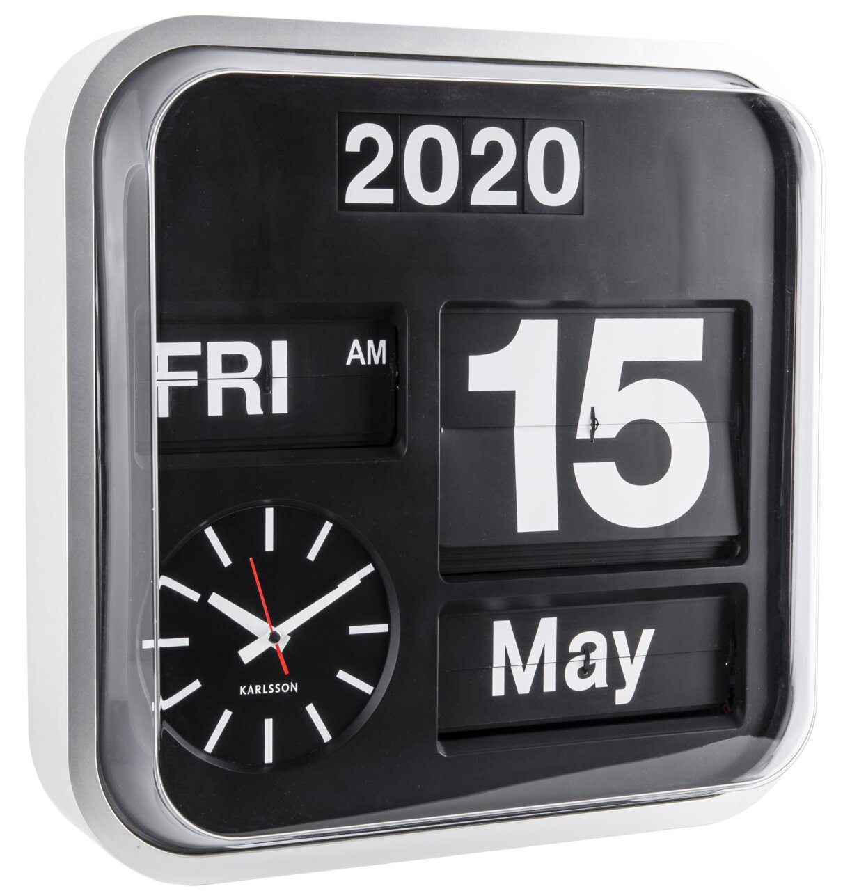 Vierkante wandklok met kalenderfunctie, geeft de datum 15 mei 2020 en de dag van de week vrijdag weer, met een analoge klok linksonder, zijaanzicht.