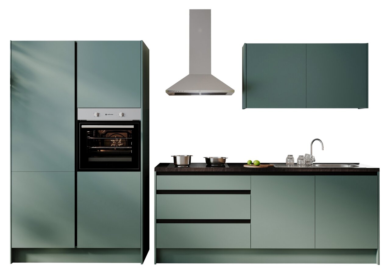 Yourkitchen Keukenblok Basis 335 TROJA Moderne keukenblok in groene kleur met ingebouwde oven, afzuigkap en spoelbak, gezien vanaf de voorkant.