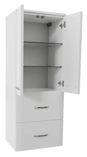 Weißer Midischrank mit zwei Schubladen und einem offenen oberen Fach mit Glaseinlegeboden, Perspektive von vorne