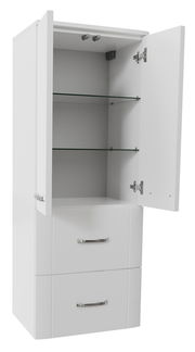 Weißer Midischrank mit zwei Schubladen und einem offenen oberen Fach mit Glaseinlegeboden, Perspektive von vorne