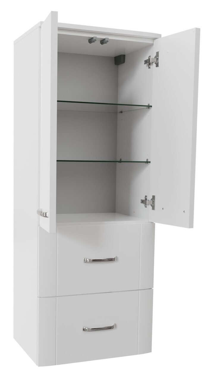 Weißer Midischrank mit zwei Schubladen und einem offenen oberen Fach mit Glaseinlegeboden, Perspektive von vorne