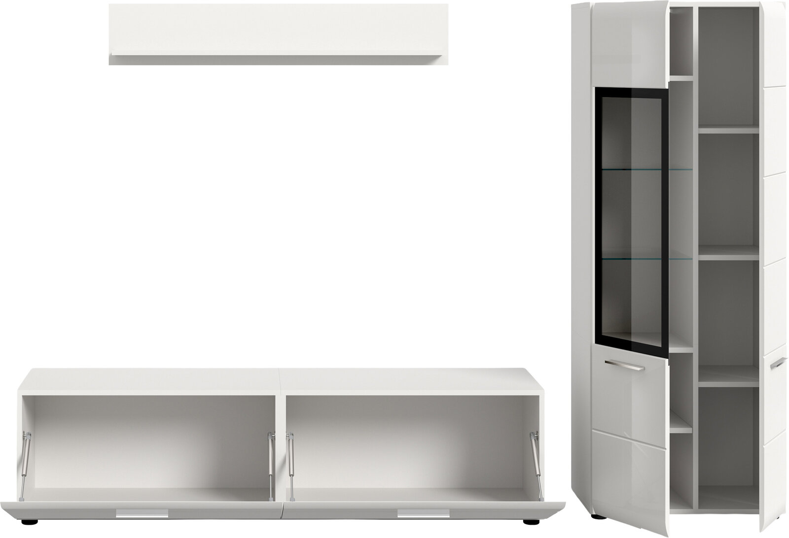 Weiße, moderne Wohnwand mit Hängeschrank, TV-Lowboard und hohem Vitrinenschrank mit Glastür und offenen Fächern, Frontansicht auf weißem Hintergrund