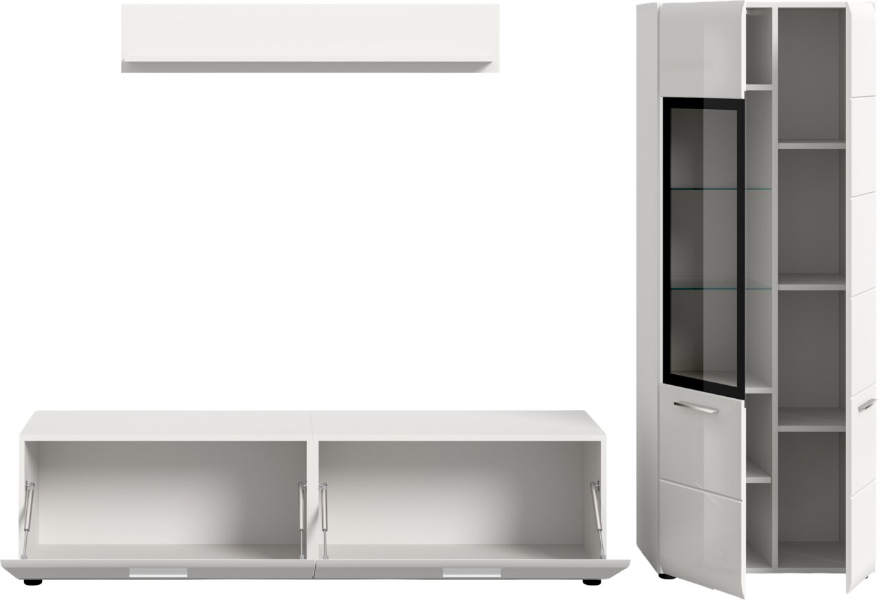 Weiße, moderne Wohnwand mit Hängeschrank, TV-Lowboard und hohem Vitrinenschrank mit Glastür und offenen Fächern, Frontansicht auf weißem Hintergrund