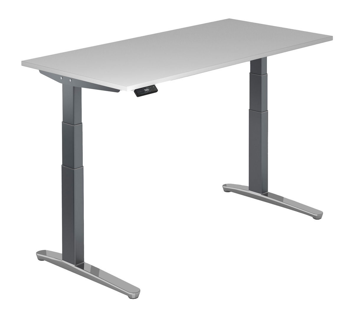 Moderner höhenverstellbarer E-Schreibtisch in seitlicher Perspektive mit grauer Tischplatte und stabilen Metallbeinen.
