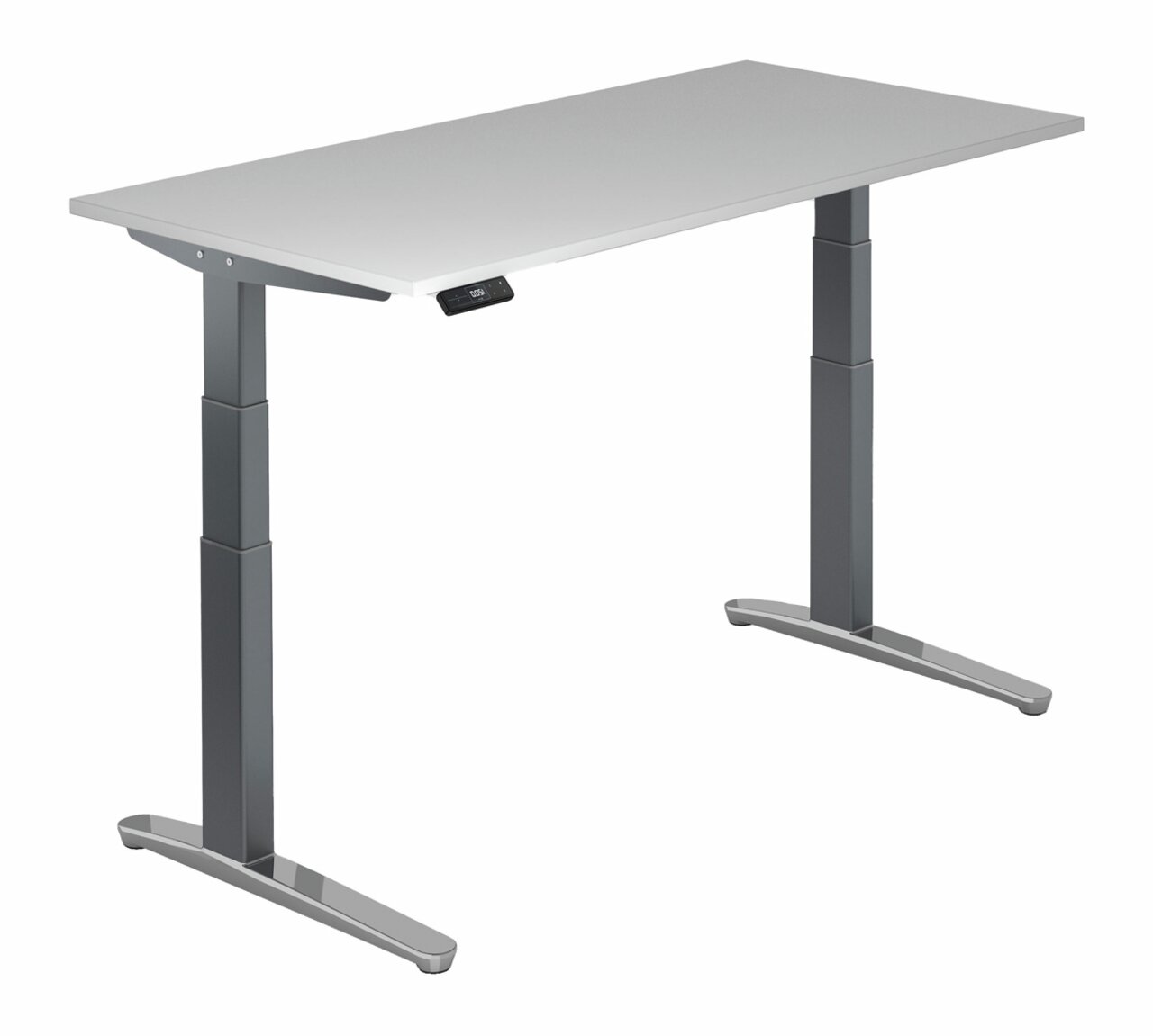 Moderner höhenverstellbarer E-Schreibtisch in seitlicher Perspektive mit grauer Tischplatte und stabilen Metallbeinen.