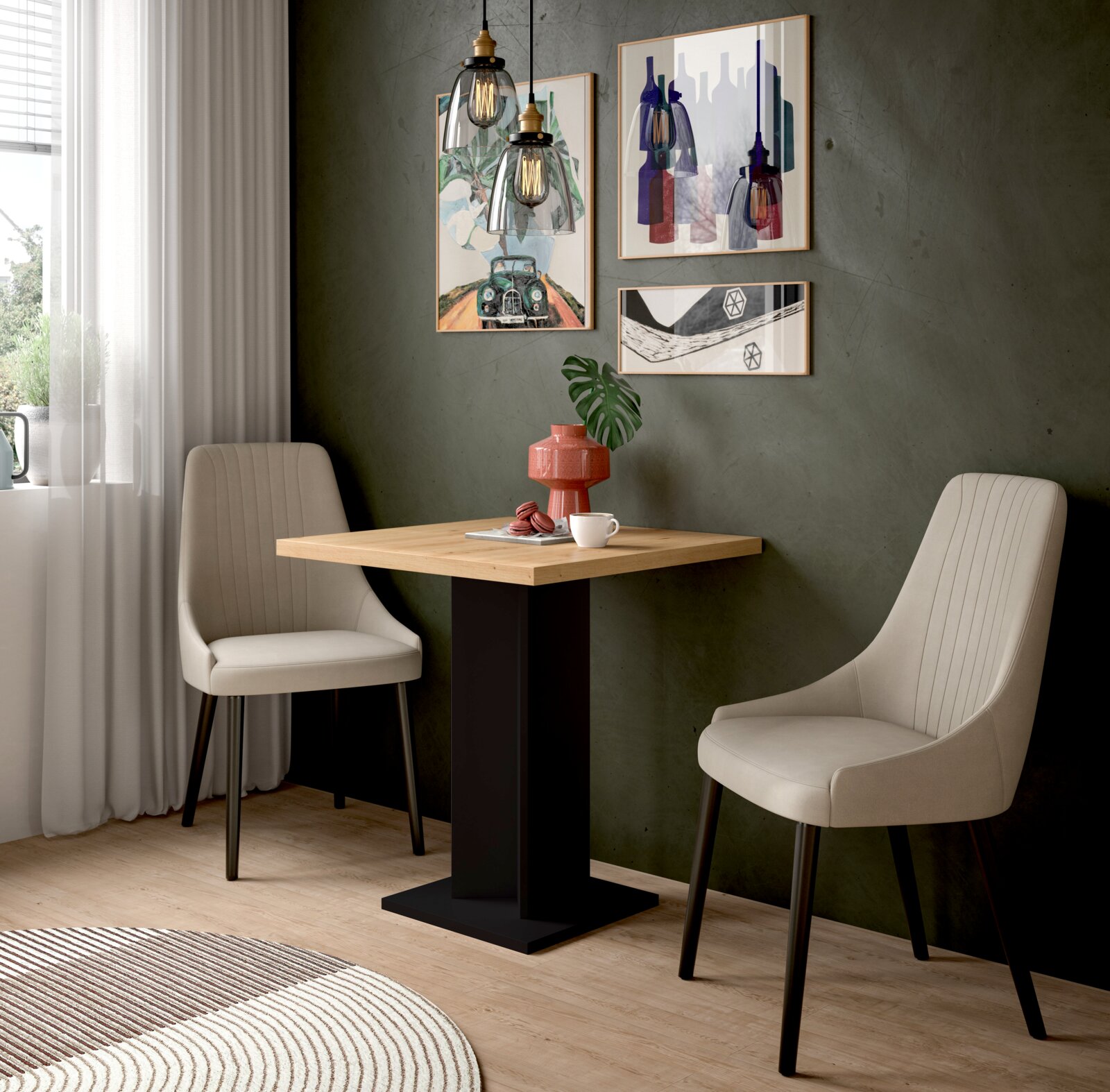 MID.YOU Esstisch GUSTAV Schwarzer Bistro-Esstisch mit heller Holzplatte und zwei beigen Polsterstühlen in moderner Essecke, schräg von vorn aus Augenhöhe fotografiert