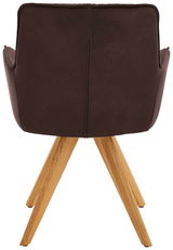 Rückansicht eines Design-Schalensessels mit braunem Lederbezug und Holzbeinen.