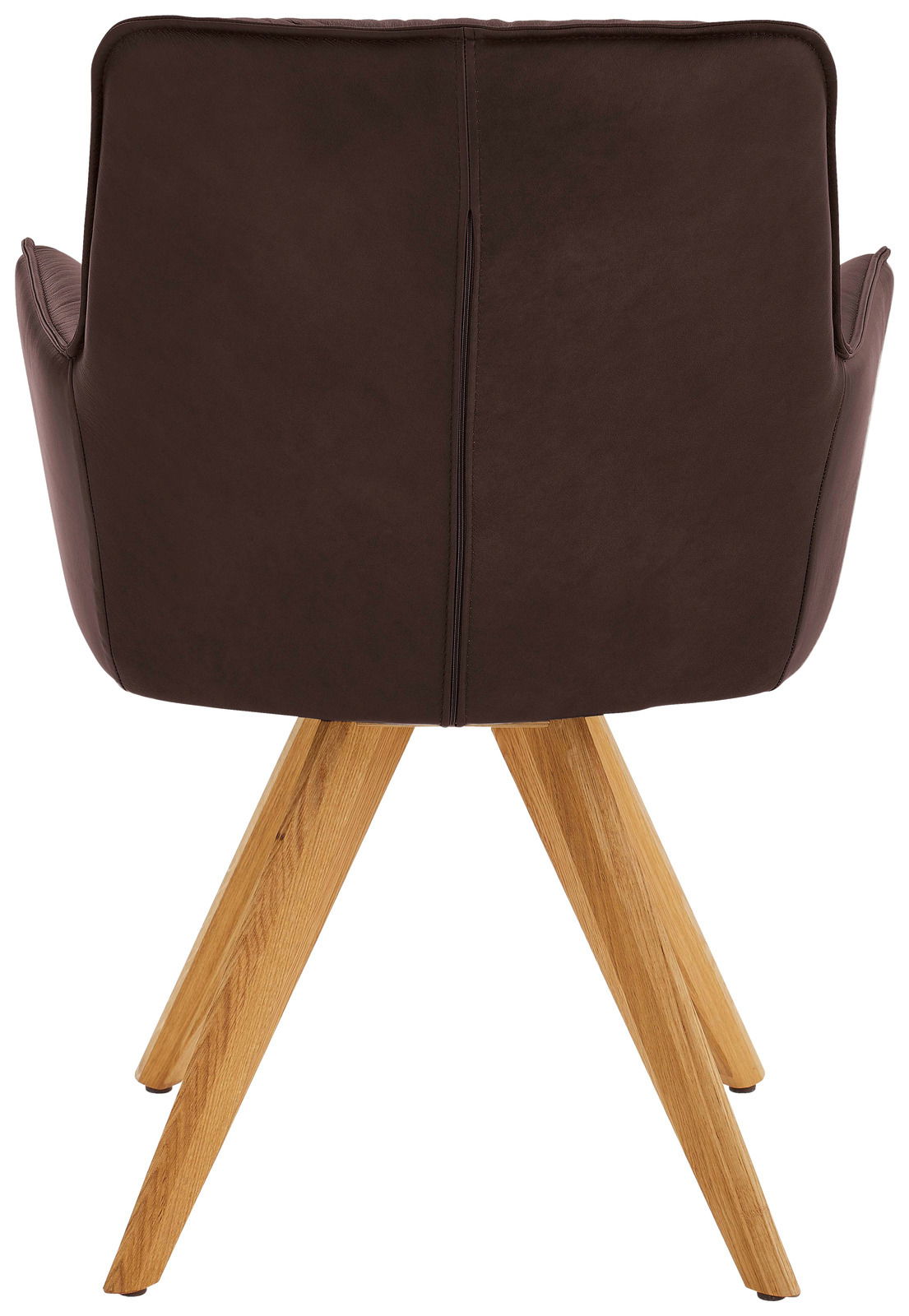 Dieter Knoll Design-Schalensessel PREMIO Rückansicht eines Design-Schalensessels mit braunem Lederbezug und Holzbeinen.