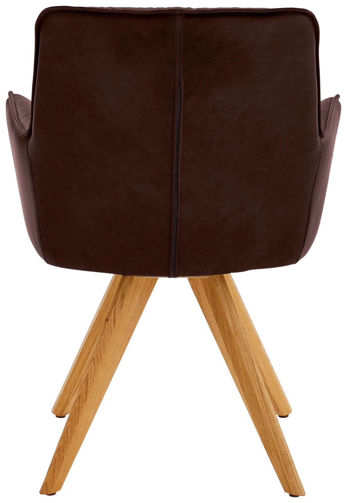 Dieter Knoll Design-Schalensessel PREMIO Rückansicht eines Design-Schalensessels mit braunem Lederbezug und Holzbeinen.