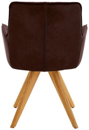 Rückansicht eines Design-Schalensessels mit braunem Lederbezug und Holzbeinen.