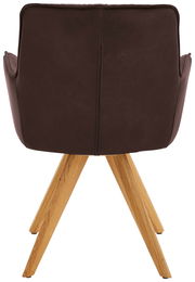 Rückansicht eines Design-Schalensessels mit braunem Lederbezug und Holzbeinen.