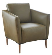 Moderner Sessel in olivgrünem Leder mit Holzbeinen, seitliche Perspektive