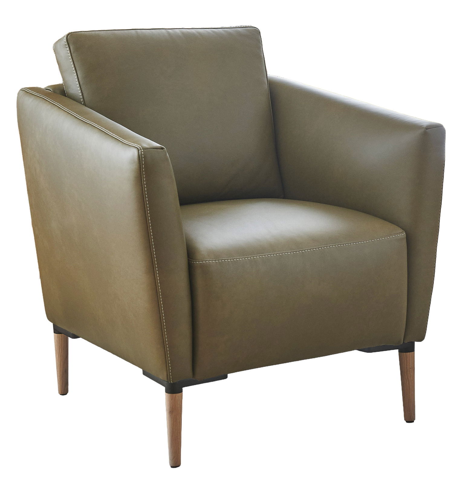 Moderner Sessel in olivgrünem Leder mit Holzbeinen, seitliche Perspektive