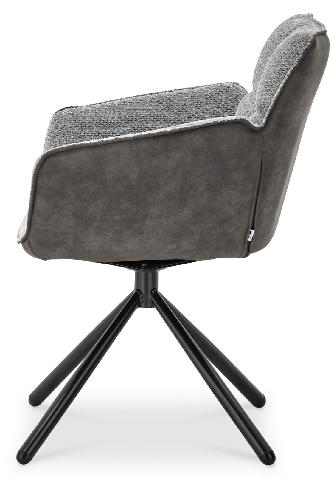 Grauer Armlehnstuhl mit schwarzem Metallgestell, seitliche Perspektive
