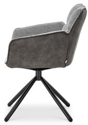 Grauer Armlehnstuhl mit schwarzem Metallgestell, seitliche Perspektive