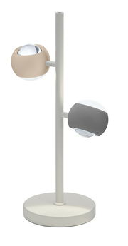 Moderne Tischleuchte mit zwei kugelförmigen Lampenschirmen in Beige und Grau, seitliche Perspektive