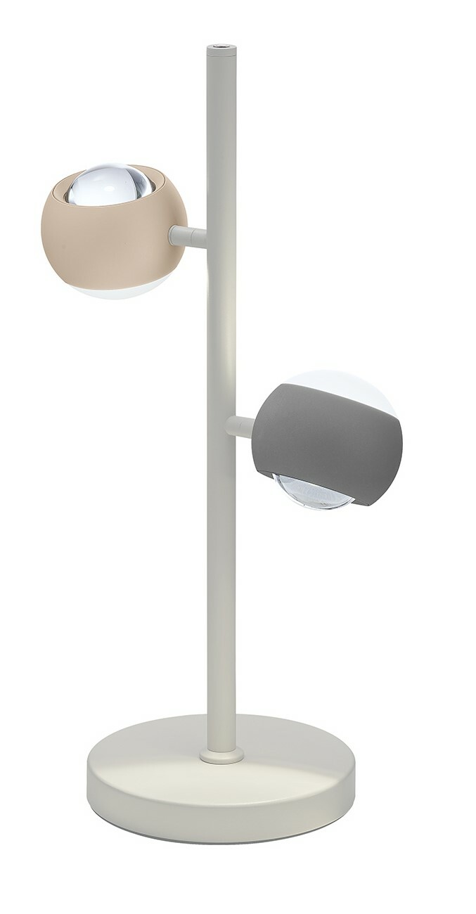 Moderne Tischleuchte mit zwei kugelförmigen Lampenschirmen in Beige und Grau, seitliche Perspektive