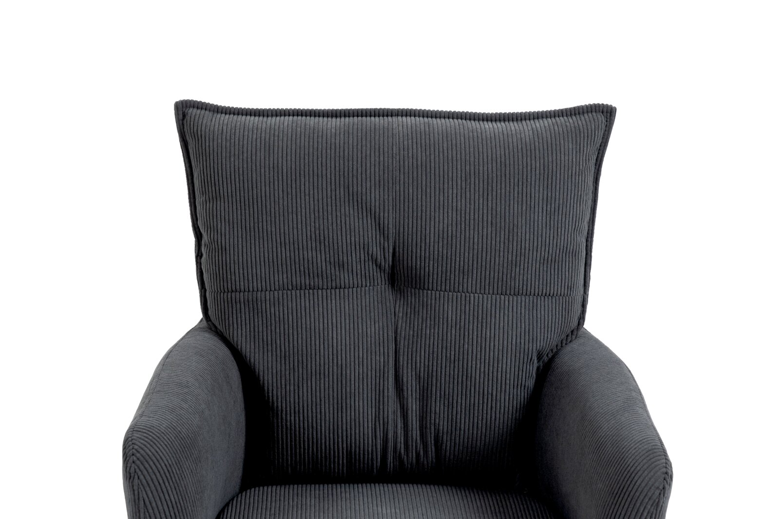 Vooraanzicht van een donkergrijze fauteuil met geribbelde stoffen bekleding en een hoge rugleuning.