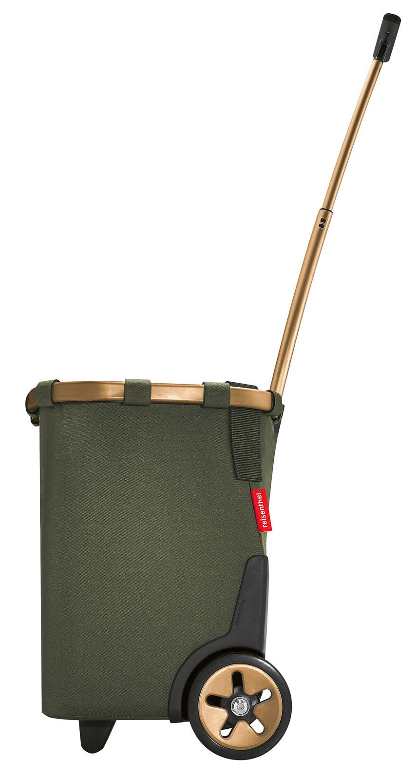 Seitenansicht eines grünen carrycruisers mit goldfarbenem Griff und Rädern.