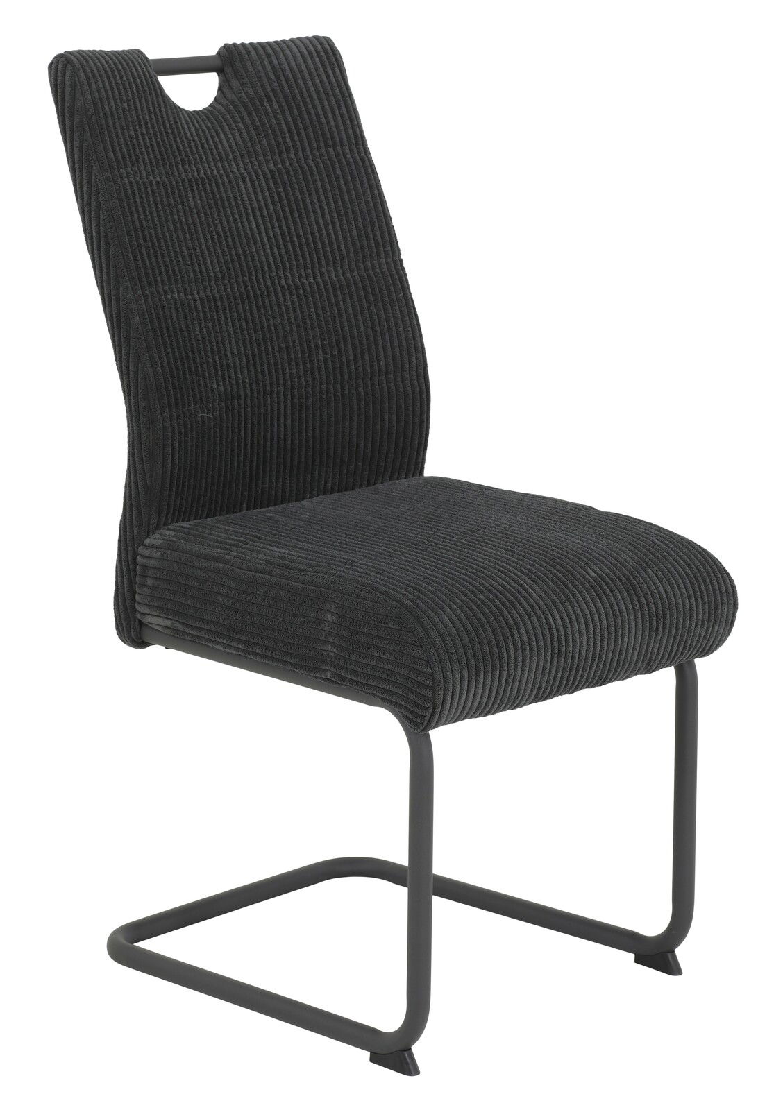 Moderner Schwingstuhl mit schwarzem, geripptem Stoffbezug und stabilem Metallgestell, seitliche Perspektive.