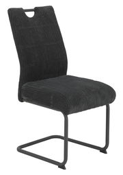 Moderner Schwingstuhl mit schwarzem, geripptem Stoffbezug und stabilem Metallgestell, seitliche Perspektive.