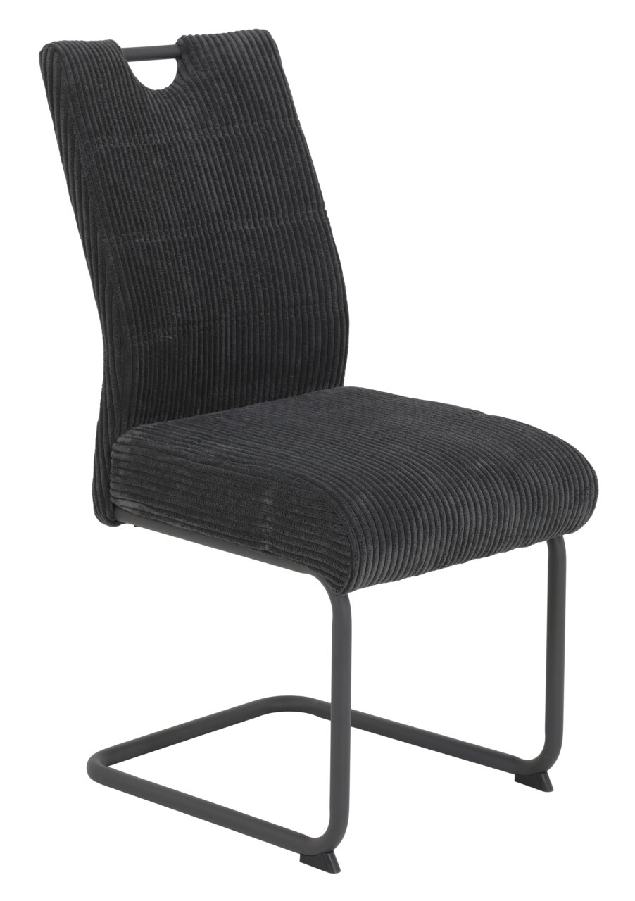 Moderner Schwingstuhl mit schwarzem, geripptem Stoffbezug und stabilem Metallgestell, seitliche Perspektive.