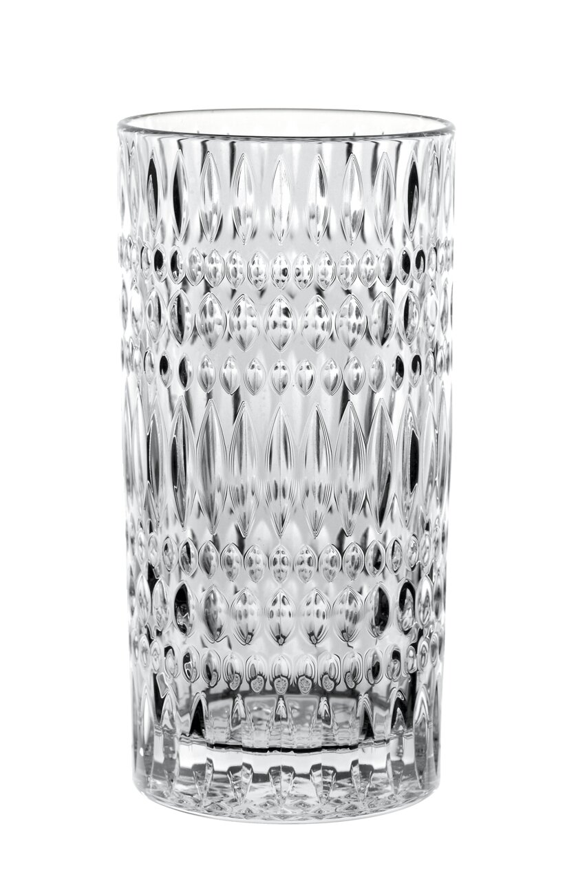 Kristallklares Longdrinkglas mit Ethno-Muster, frontal fotografiert.