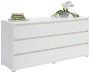 Weißes XL-Sideboard mit sechs Schubladen, dekoriert mit Büchern und Pflanzen, seitliche Perspektive