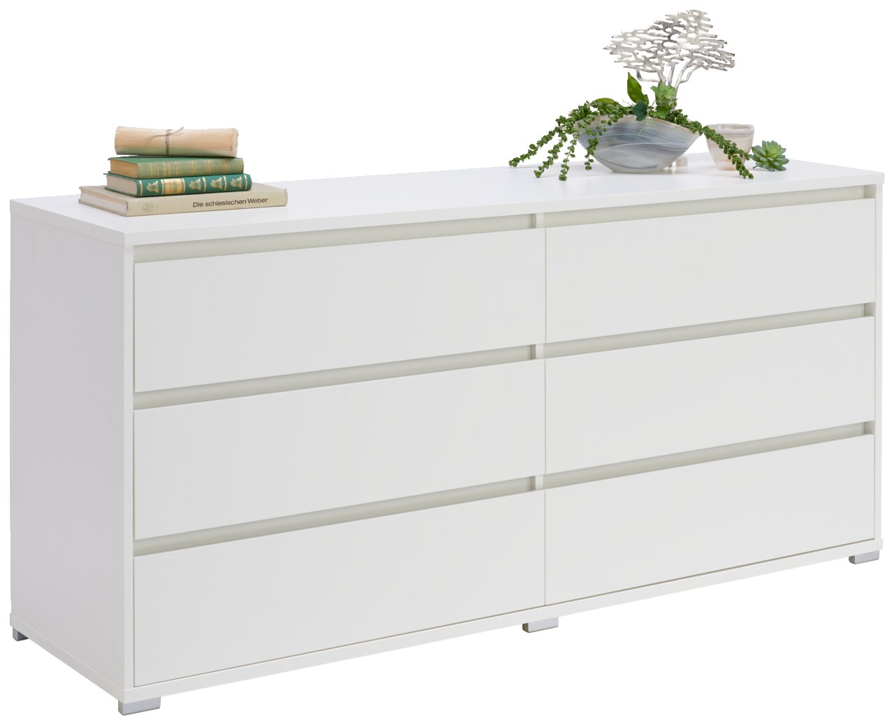 Carryhome XL-Sideboard LINE Weißes XL-Sideboard mit sechs Schubladen, dekoriert mit Büchern und Pflanzen, seitliche Perspektive