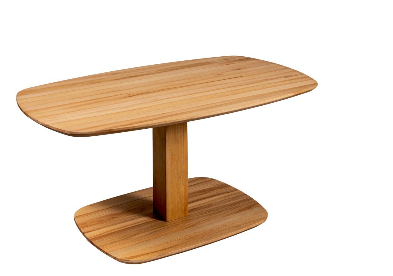 Moderner Couchtisch aus Holz mit rechteckiger Tischplatte und stabiler Mittelsäule, seitliche Perspektive