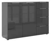 Modernes Sideboard in dunklem Hochglanz mit zwei Türen und vier Schubladen, frontale Perspektive.