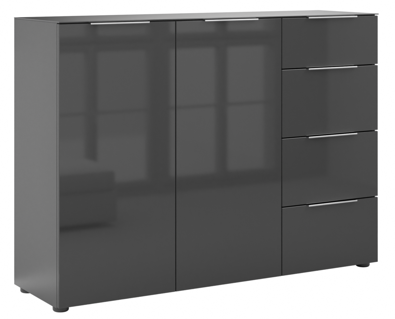 Modernes Sideboard in dunklem Hochglanz mit zwei Türen und vier Schubladen, frontale Perspektive.