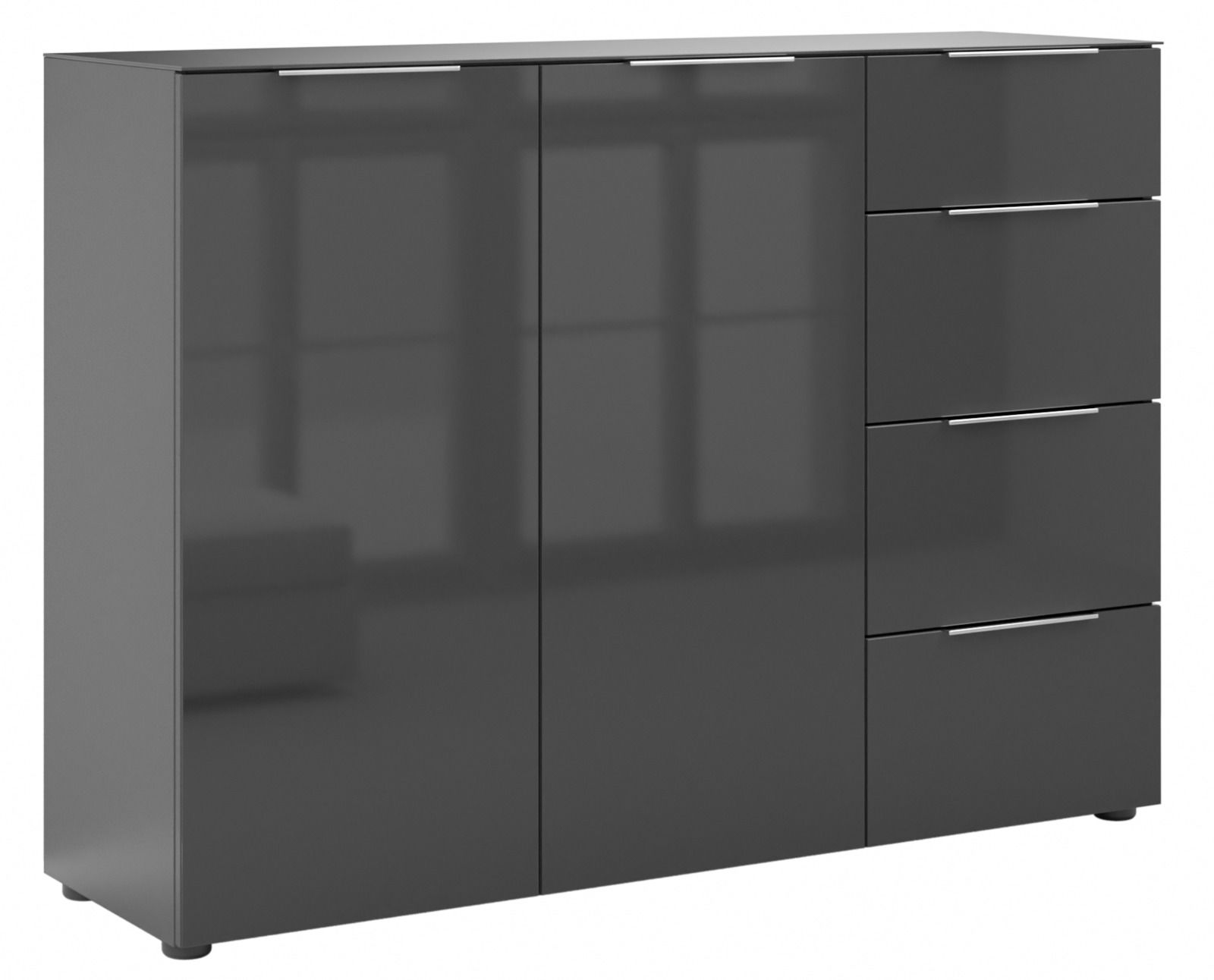 Modernes Sideboard in dunklem Hochglanz mit zwei Türen und vier Schubladen, frontale Perspektive.