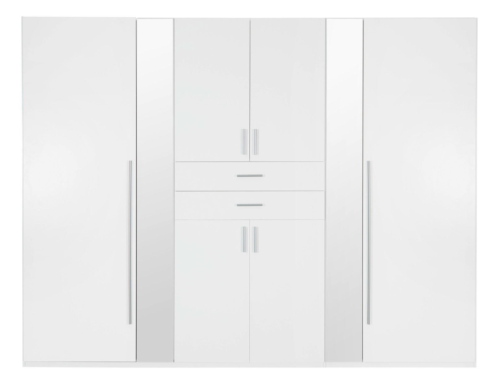 Weißer Drehtürenschrank mit sechs Türen und zwei Schubladen, frontal betrachtet.