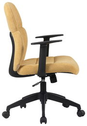 Seitenansicht eines gelben Drehstuhls mit Armlehnen und schwarzem Fußkreuz auf Rollen.