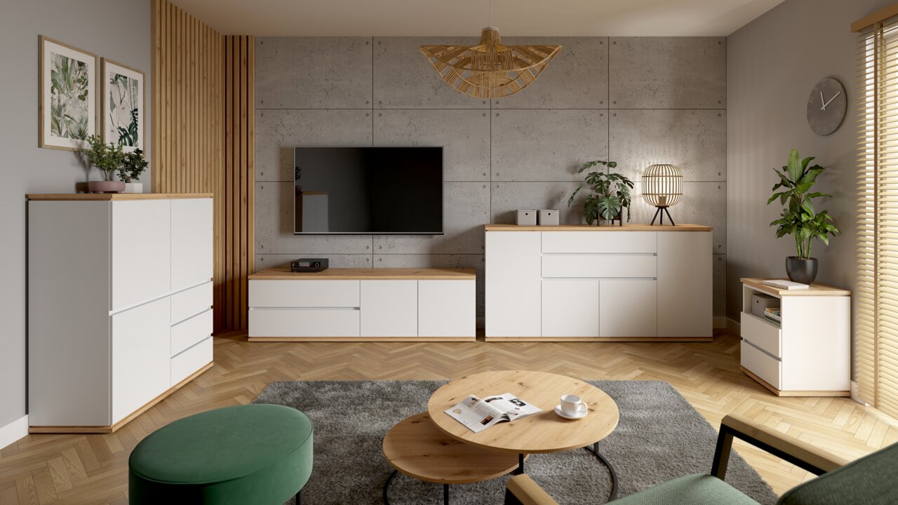 Moderne Wohnzimmermöbel in heller Holzoptik mit TV-Lowboard, Sideboard und Kommode, aus der Perspektive des Wohnzimmers betrachtet.