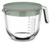 Glas-Messbecher mit 1000 ml Fassungsvermögen, grüner Deckel, seitliche Skala in ml und oz, seitliche Perspektive