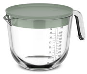 Glas-Messbecher mit 1000 ml Fassungsvermögen, grüner Deckel, seitliche Skala in ml und oz, seitliche Perspektive